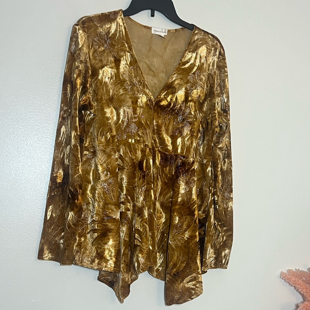 Monroe & Main Crushed Velvet Gold Silver Sequin Long Sleeve Blouse XL